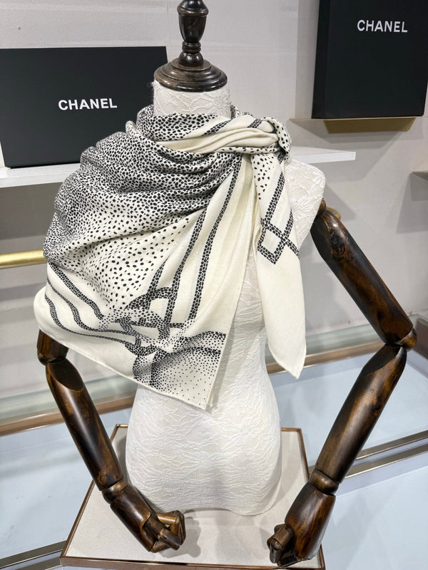 CC 2026 Polka Dot Scarf 140cm Black White Cashmere And Silk 217763
