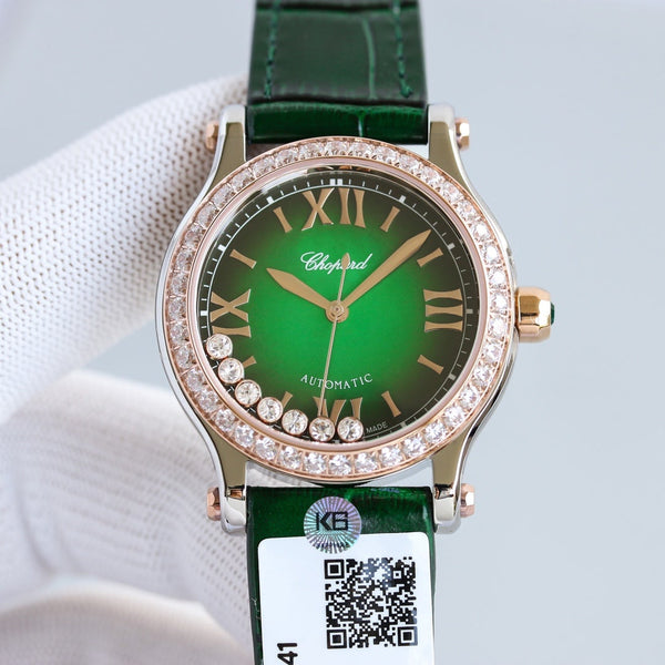 HAPPY SPORT 36MM ROSE GOLD DIAMOND BEZEL GREEN DIAL