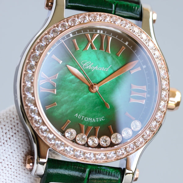 HAPPY SPORT 36MM ROSE GOLD DIAMOND BEZEL GREEN DIAL