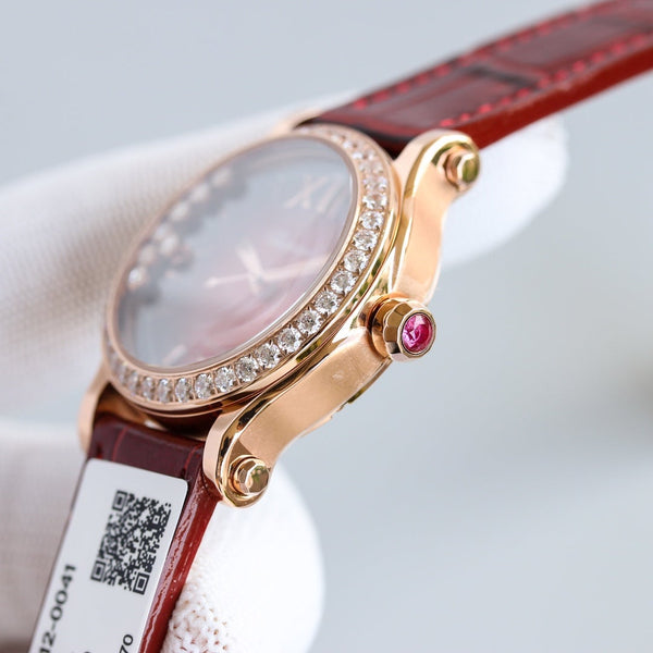 HAPPY SPORT 36MM ROSE GOLD DIAMOND BEZEL RED DIAL