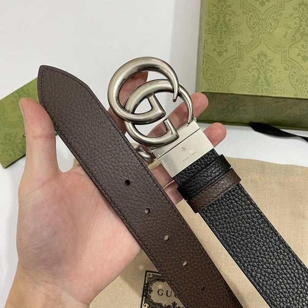 DOUBLE G SILVER BUCKLE 38MM BLACK BROWN LEATHER