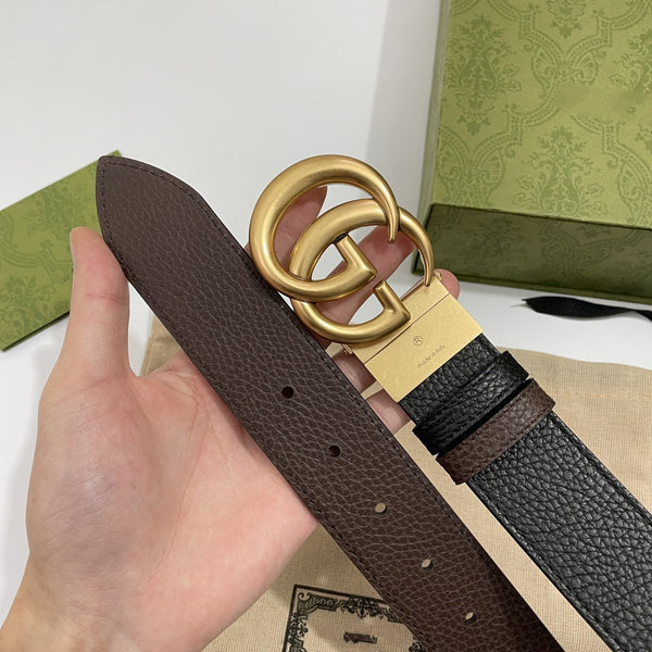 DOUBLE G GOLD BUCKLE 38MM BLACK BROWN LEATHER