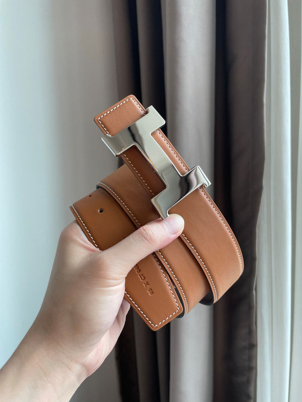 H CONSTANCE BELT 38MM SILVER BUCKLE BROWN CHOCOLATE LEATHER