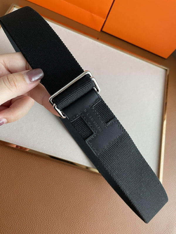 4.0CM BLACK TEXTILE BLACK LEATHER H BELT