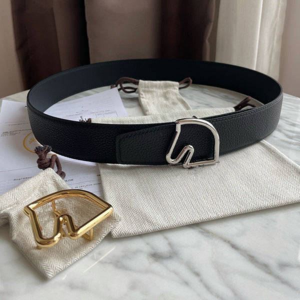 H BELT HORSE BUCKLE BLACK LEATHER REVERSIBLE 3.8CM