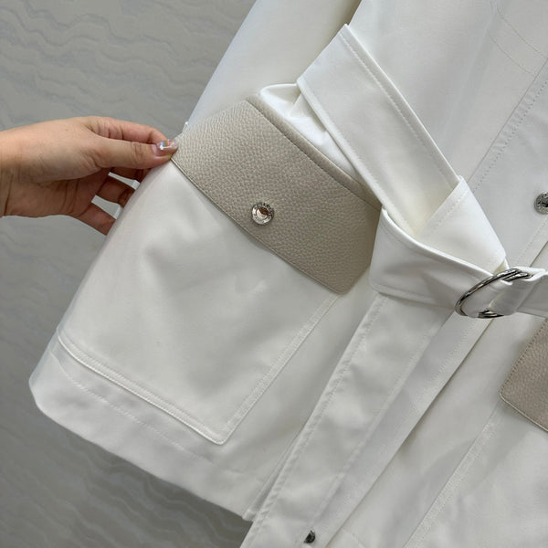 HM 25S Majia H-Belt Coat in White Goatskin