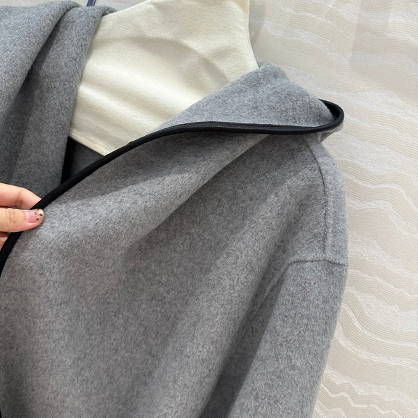 BV Hooded Leather Belt Coat in Gray Cashmere