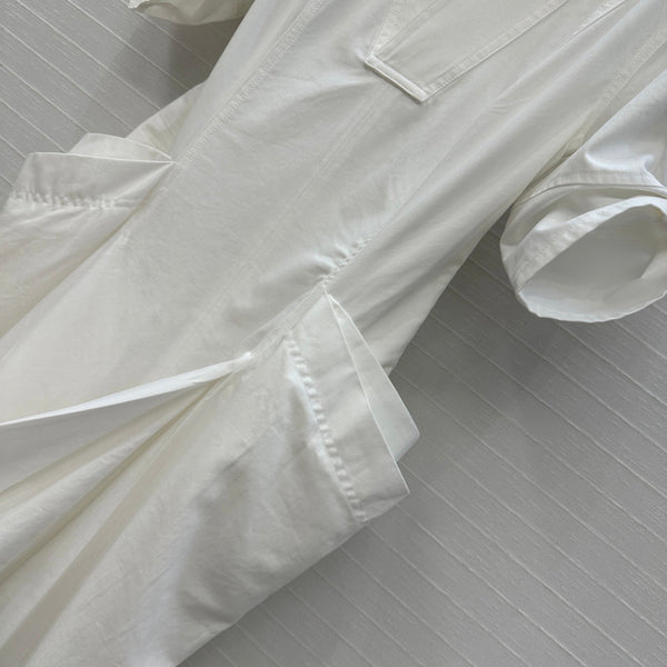 BV V-neck Rolled-Up Sleeve Dress in White Tencel