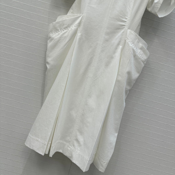 BV V-neck Rolled-Up Sleeve Dress in White Tencel
