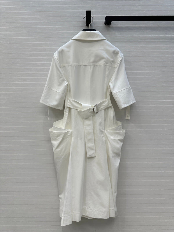 BV V-neck Rolled-Up Sleeve Dress in White Tencel