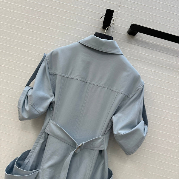 BV V-neck Rolled-Up Sleeve Dress in Light Blue Tencel
