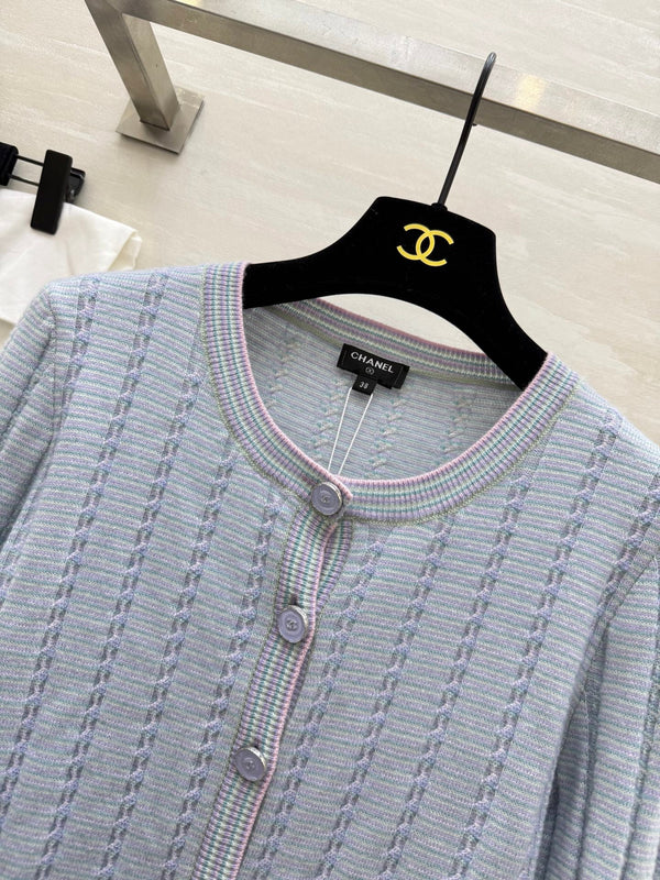 CC 25B Round Neck Single-breasted Furry Sleeve Cardigan Light Blue Cashmere