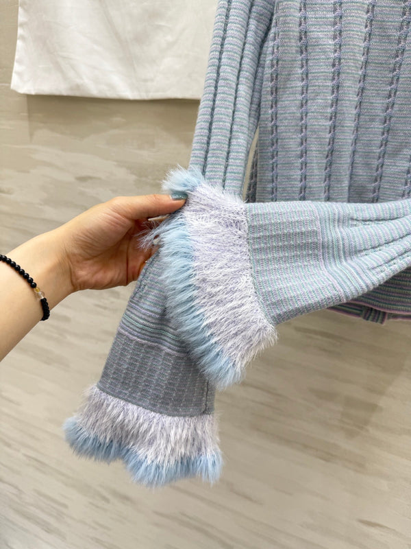 CC 25B Round Neck Single-breasted Furry Sleeve Cardigan Light Blue Cashmere