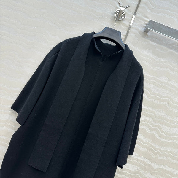 The Row High-End Wool Short-Sleeved Dress With a Ribbon Scarf Black Wool 304588
