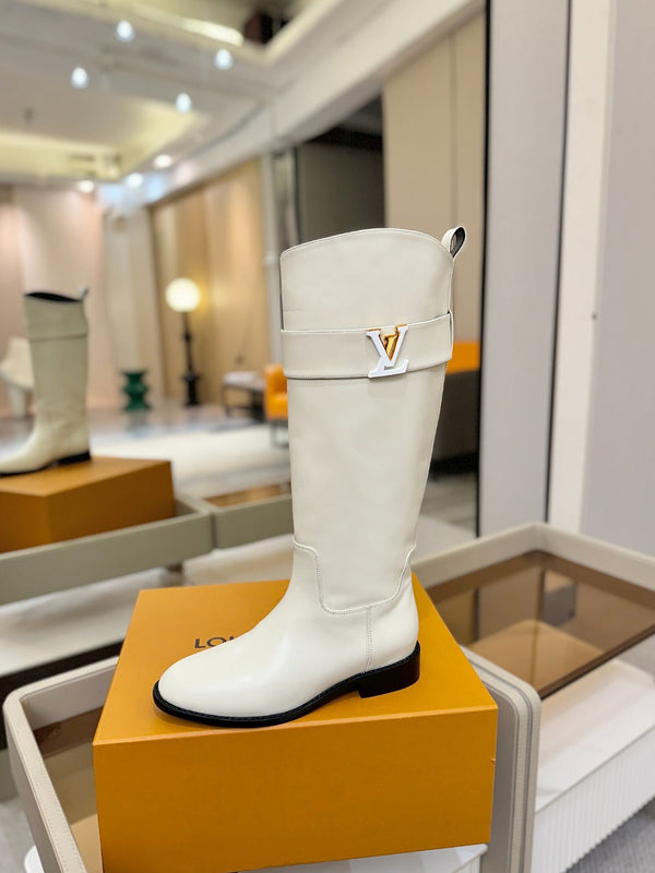 LV Donkey Metal Buckle-Decorated Knight Boots White Cowhide 504715