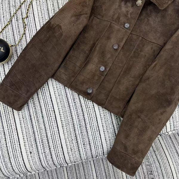LV 25FW Crocodile Pattern Suede Lapel Jacket Dark Brown 302353