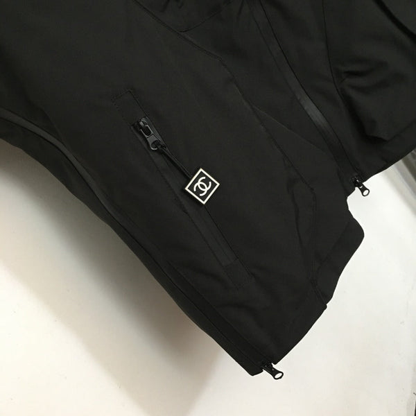 CC Logo Letter Print Zipper Pocket Long Sleeve Hooded Windbreaker Jacket