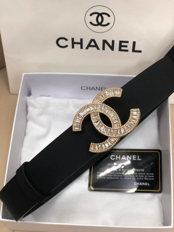 CC Classic Clasp Black Gold Buckle Calfskin Belt 614065
