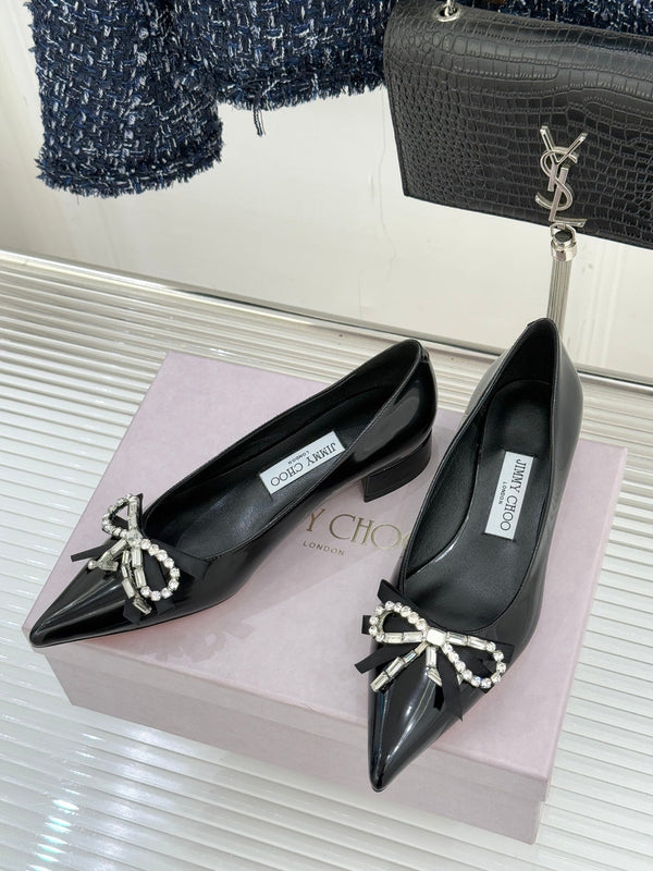 Jimmy Choo 26WF Pointed Toe Rhinestone Bow Chunky Heel Black in Sheepskin 573540
