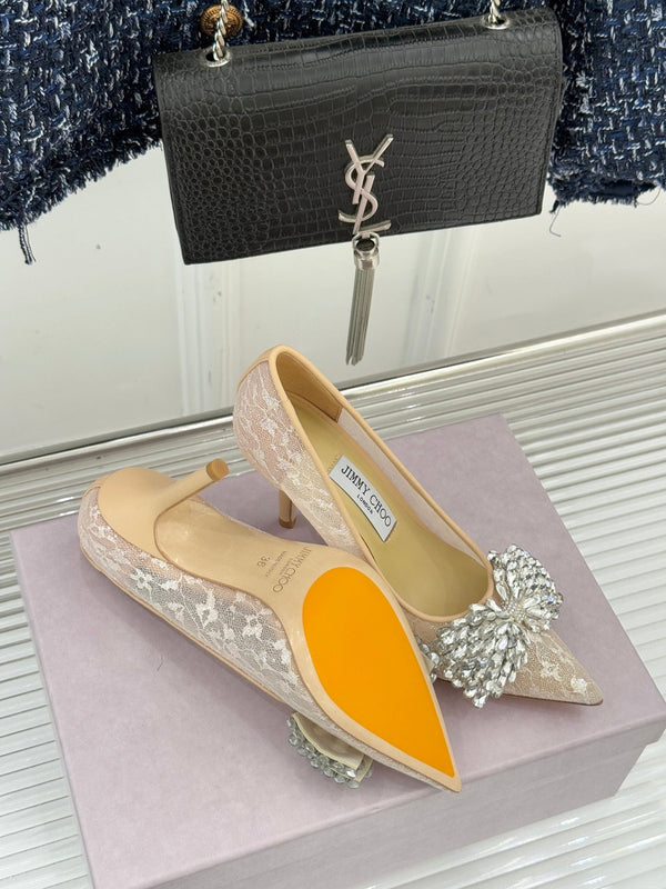 JC25WF Rhinestone Bow Pionted Toe High Heels 85 Nude Sheepskin 573538