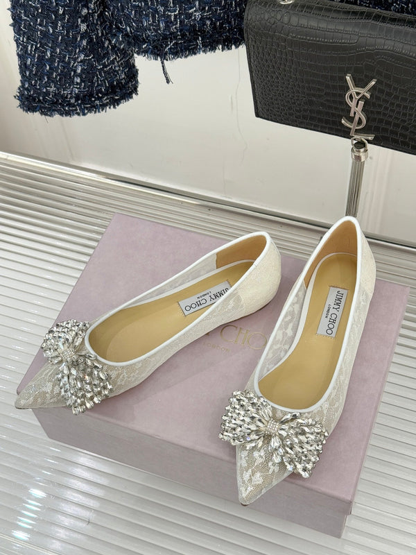 JC25WF Rhinestone Bow Pionted Toe Ballet Flat White Sheepskin 573534