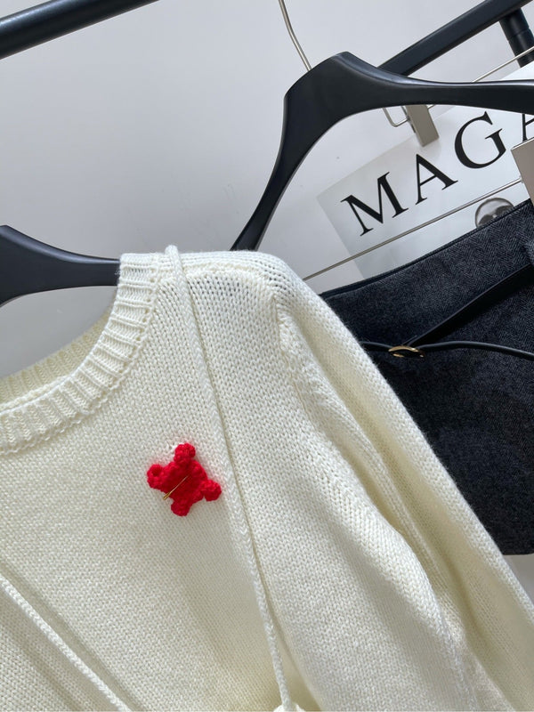 CE Beige Crew Neck Sweater with Brooch Decoration Wool Blend 320825