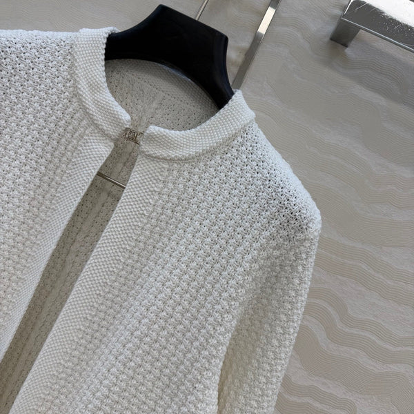 Chanel 26c Rhinestone Buckle Belt Cardigan White Wool 333715