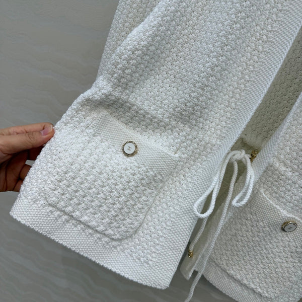 Chanel 26c Rhinestone Buckle Belt Cardigan White Wool 333715