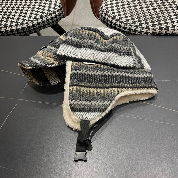 Chanel Winter Earflap Black Beige Fleece Hat 980017