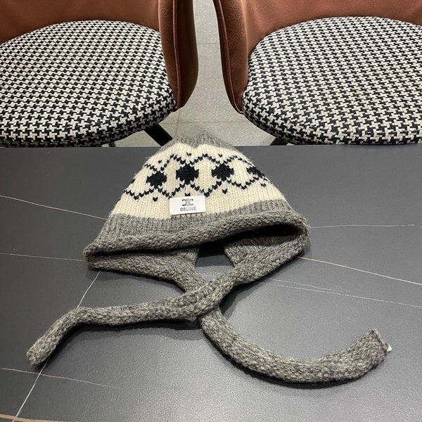 Celine 25 Fair Isle Gray Knitted Tie-Wrap Wool Hat 980013