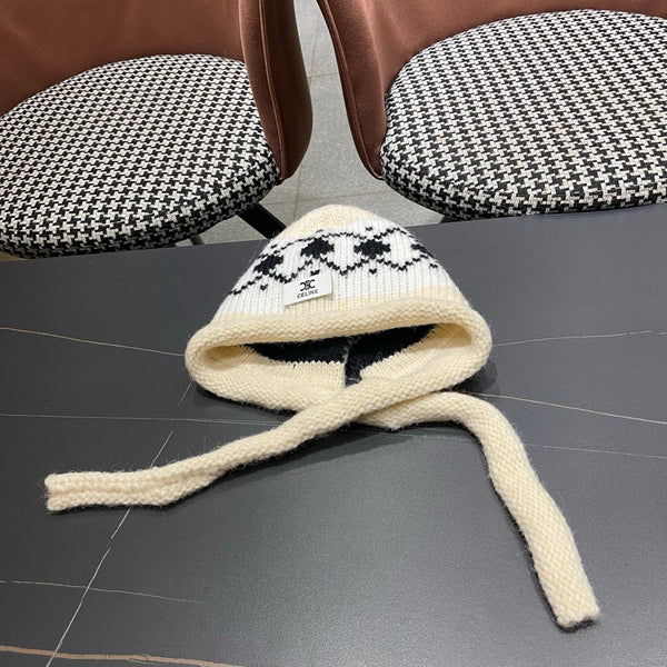Celine 25 Fair Isle Cream Knitted Tie-Wrap Wool Hat 980016