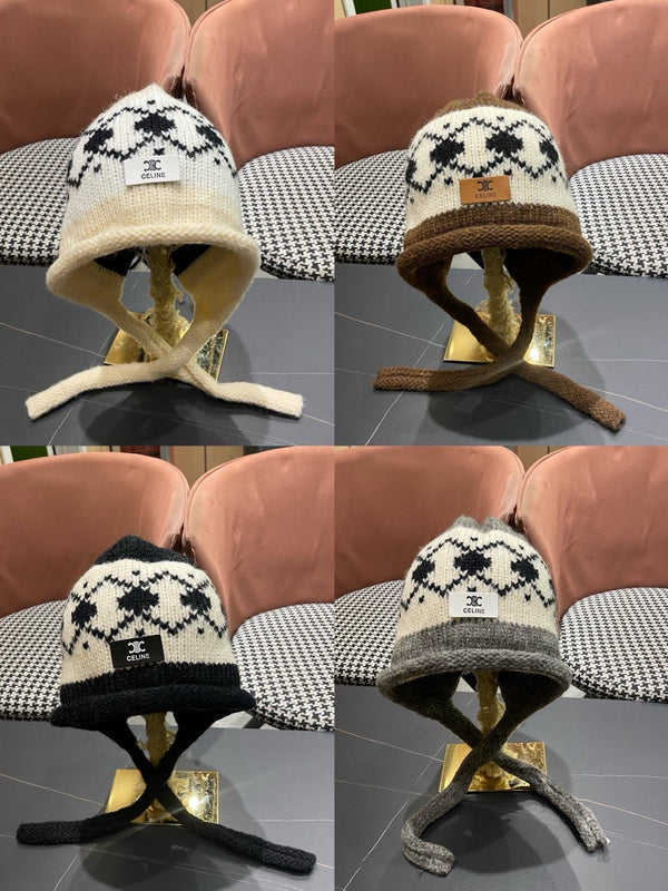 Celine 25 Fair Isle Cream Knitted Tie-Wrap Wool Hat 980016