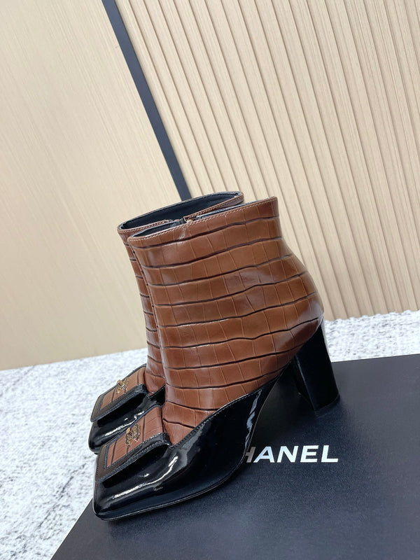 Chanel Croc-Embossed Square-Toe Dark Brown Ankle Boots in Cowhide 591401