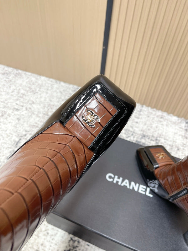 Chanel Croc-Embossed Square-Toe Dark Brown Ankle Boots in Cowhide 591401