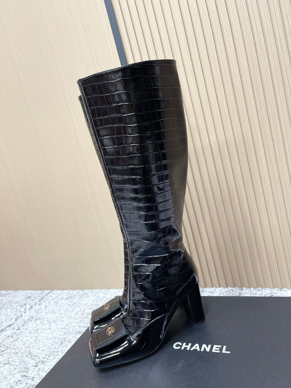 Chanel Croc-Embossed Square-Toe Black High Boots in Cowhide 591398