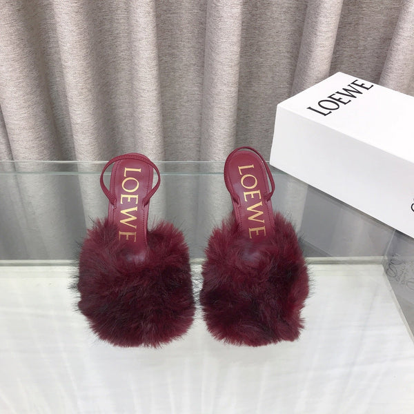 Loewe 25SS Fur-lined Mule 100 Burgundy in Fox Fur 597441
