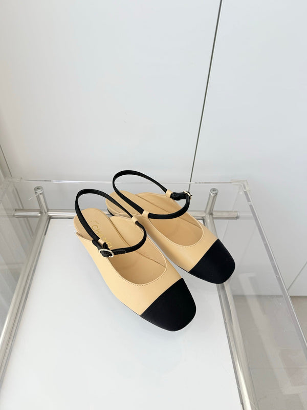 Chanel 26 Slingback Flats Beige Black in Lambskin 597389