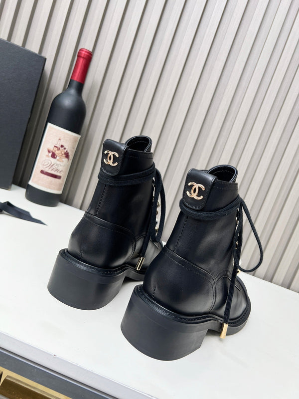 Chanel CC Combat Short Boots With Pearl Black in Calfskin 597894