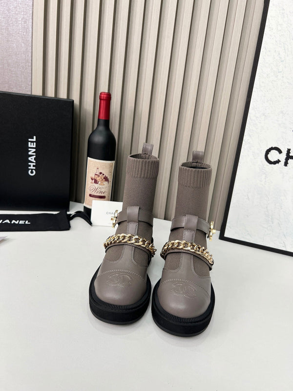 Chanel Chain Sock Ankle Boots Taupe Wool Flyknit 597919