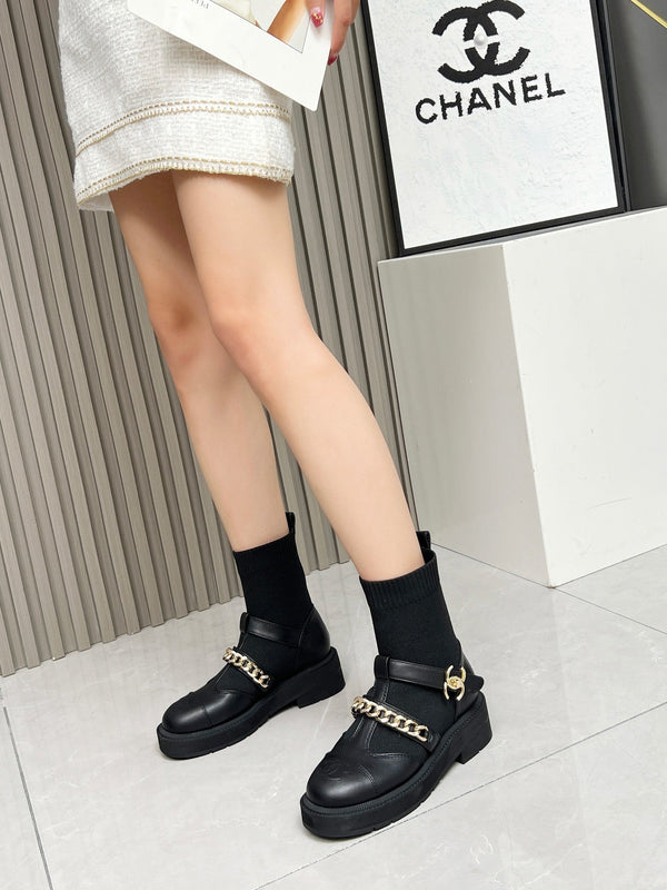 Chanel Chain Sock Ankle Boots Black Wool Flyknit 597917