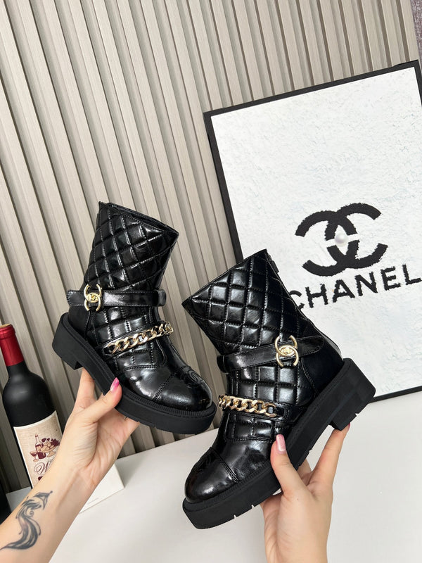 Chanel Chain Sock Ankle Boots Black Shiny Calfskin 597916