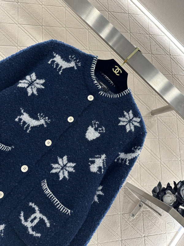 Chanel 26 Jacquard Knit Cardigan Blue in Wool Yarn 801433