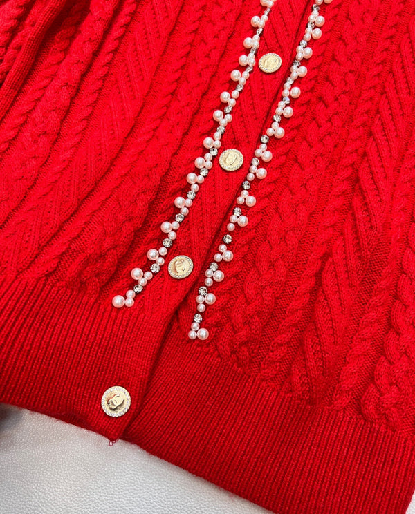 Chanel Cable Knit Crew Neck Cardigan Red in Wool 799524