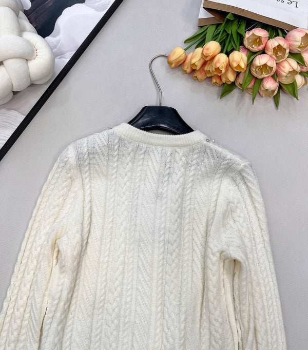 Chanel Cable Knit Crew Neck Cardigan White in Wool 799518