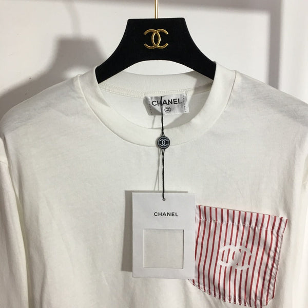 Chanel Striped Color Block Pocket Crew Neck Long Sleeve T-Shirt