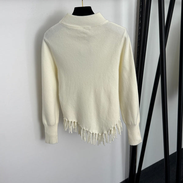 Chanel Metal Logo Lettering Pearl Gold Necklace Tassel Long-Sleeve Knit Top