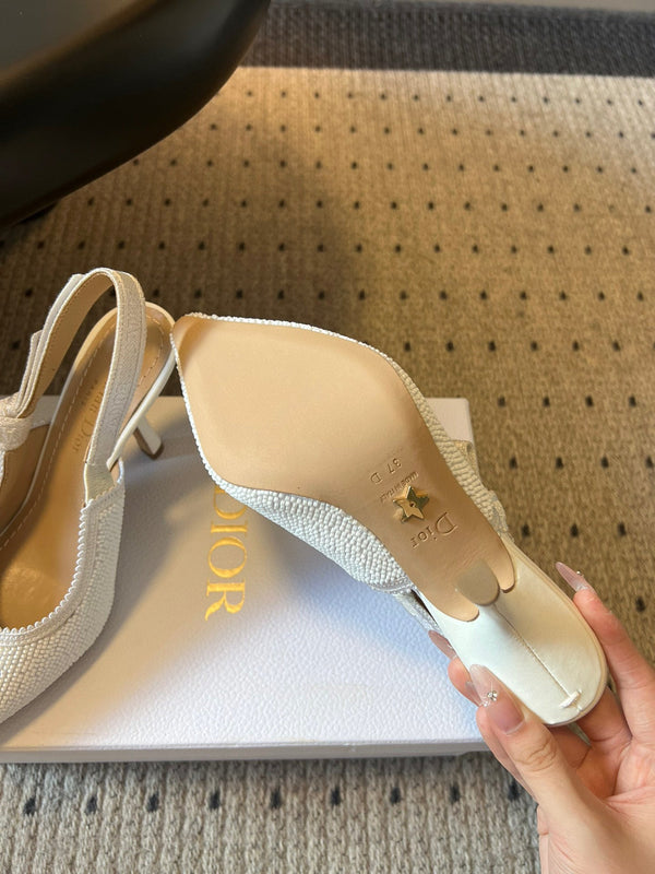 CD J'Adior Slingback heels 95 White in Cotton with Metallic Thread Embroidery 598135