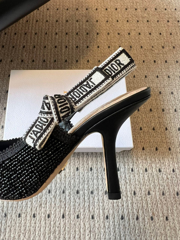 CD J'Adior Slingback heels 95 Black in Cotton with Metallic Thread Embroidery 598134