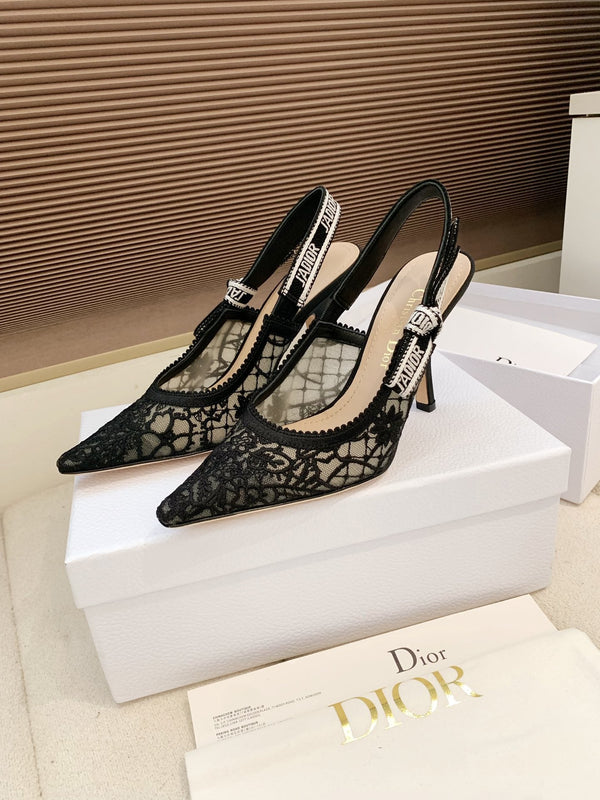 CD Ribbon Lace Open-toe Black Sandals 95 in Sheepskin 598116