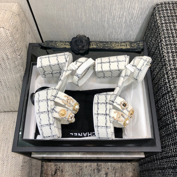 Chanel 26 Runway Style High-Heeled Sandals White in Tweed Fabric 602479